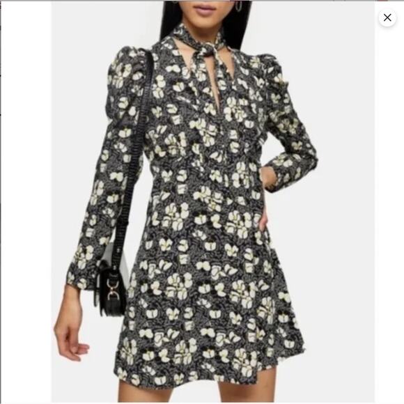 TOPSHOP Floral Tie‎ Neck Long Sleeve Mini Dress Womans 6 chic party summer - Picture 1 of 13
